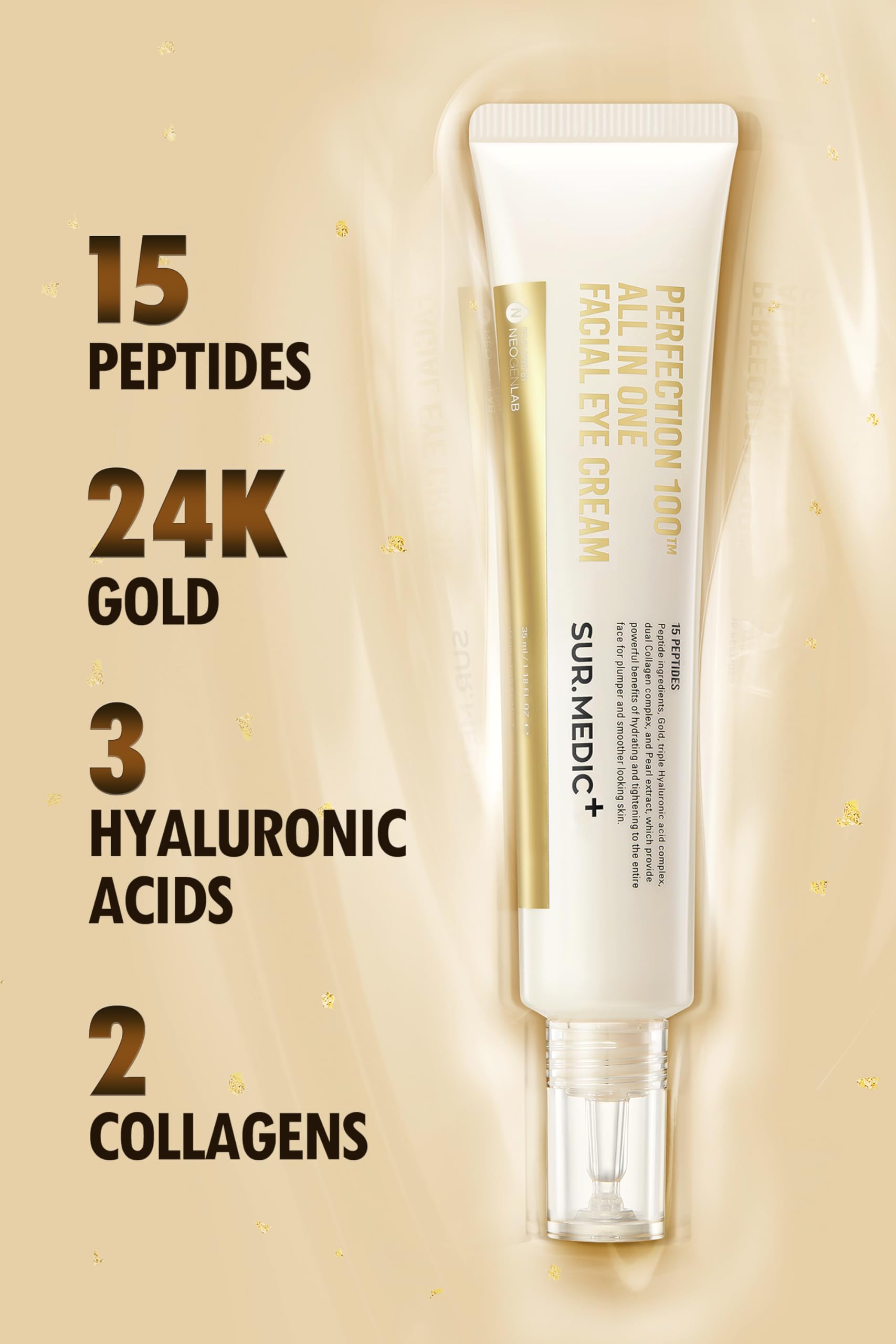 SUR.MEDIC+ 24K Gold Perfection cream gold flakes closeup signals luxury vitality.