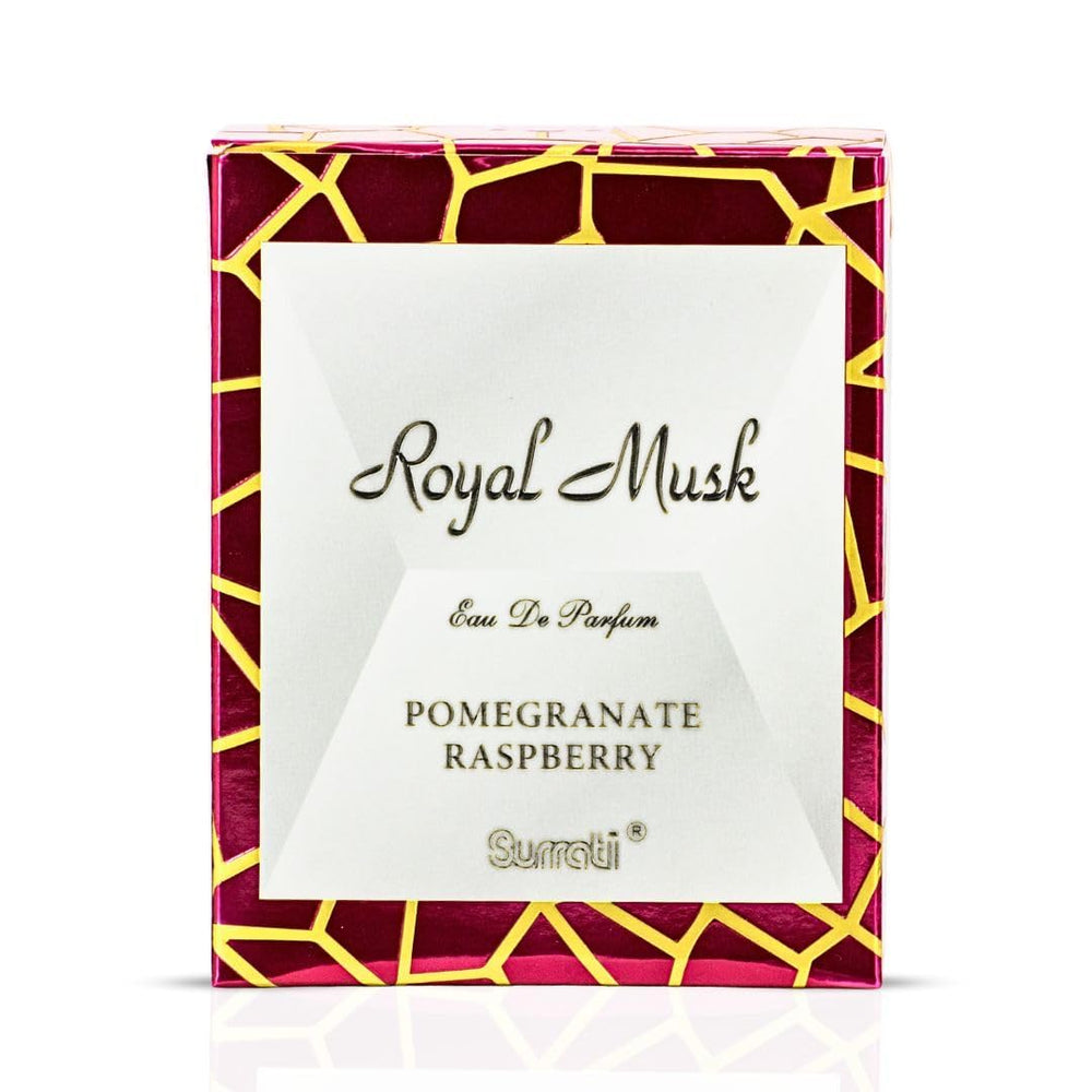 Surrati Royal Musk Pomegranate Raspberry elegant bottle on dresser, gift-ready presentation