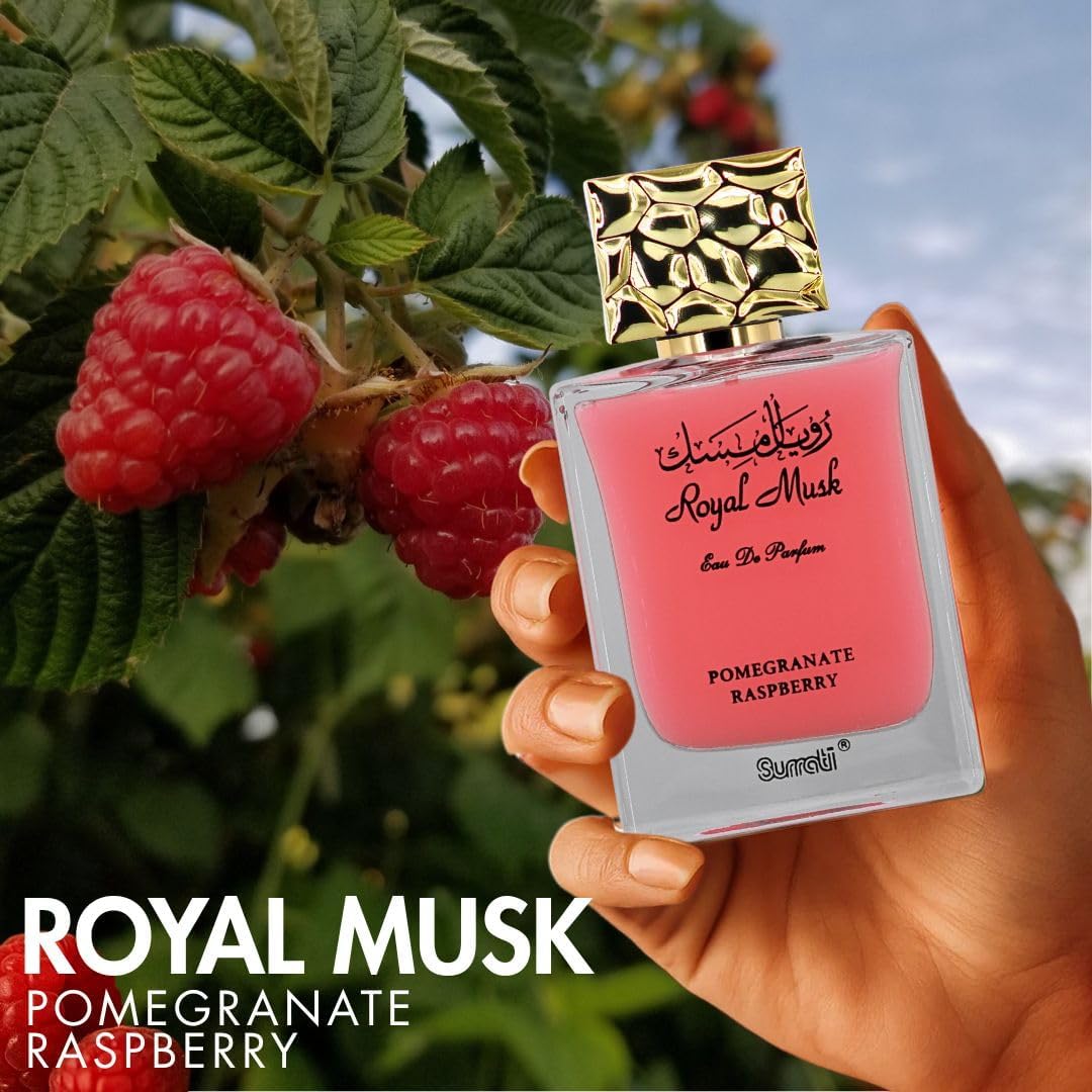 Surrati Royal Musk Pomegranate Raspberry floral heart note visualization with raspberry and freesia