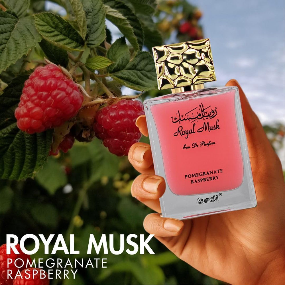 Surrati Royal Musk Pomegranate Raspberry floral heart note visualization with raspberry and freesia