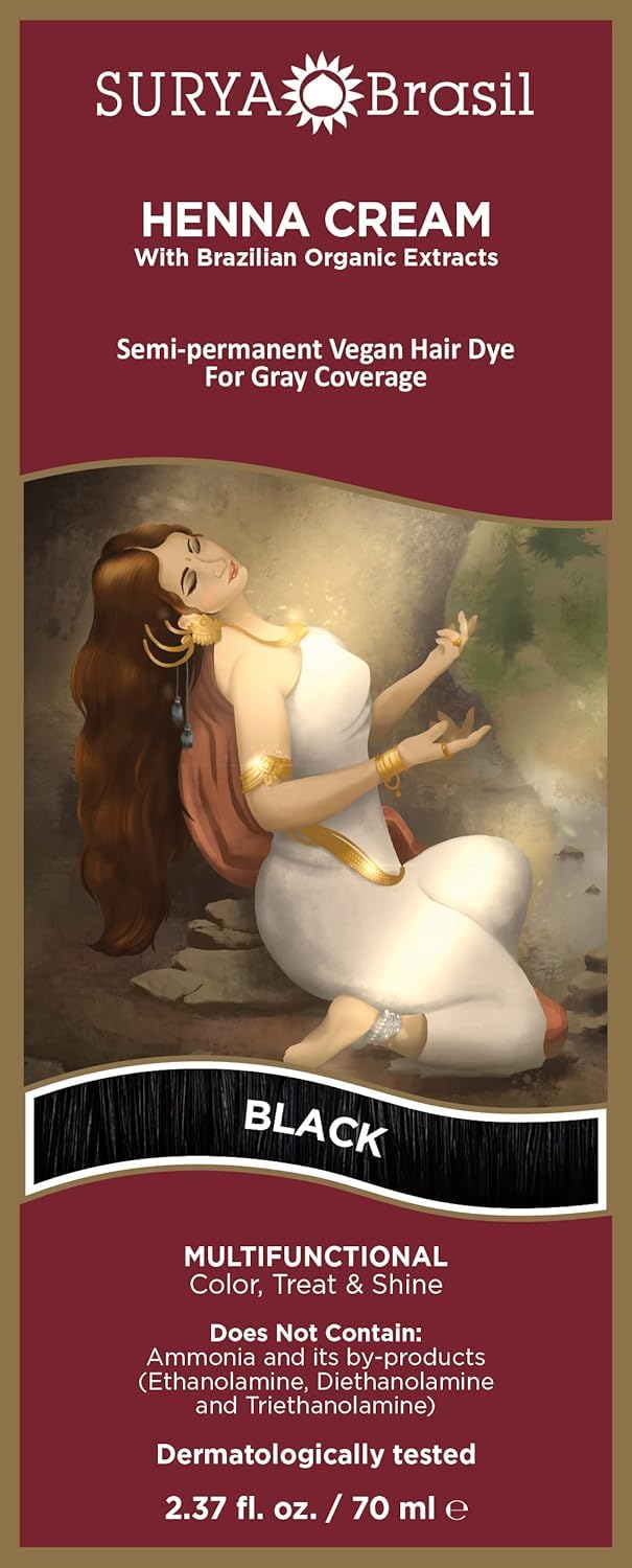 Surya Brasil Henna Cream Black packaging highlights eco friendly formula and color care