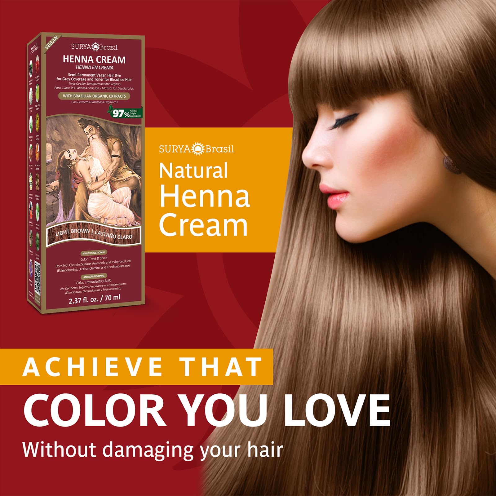 Surya Brasil henna cream botanicals close-up featuring herbs and fruits