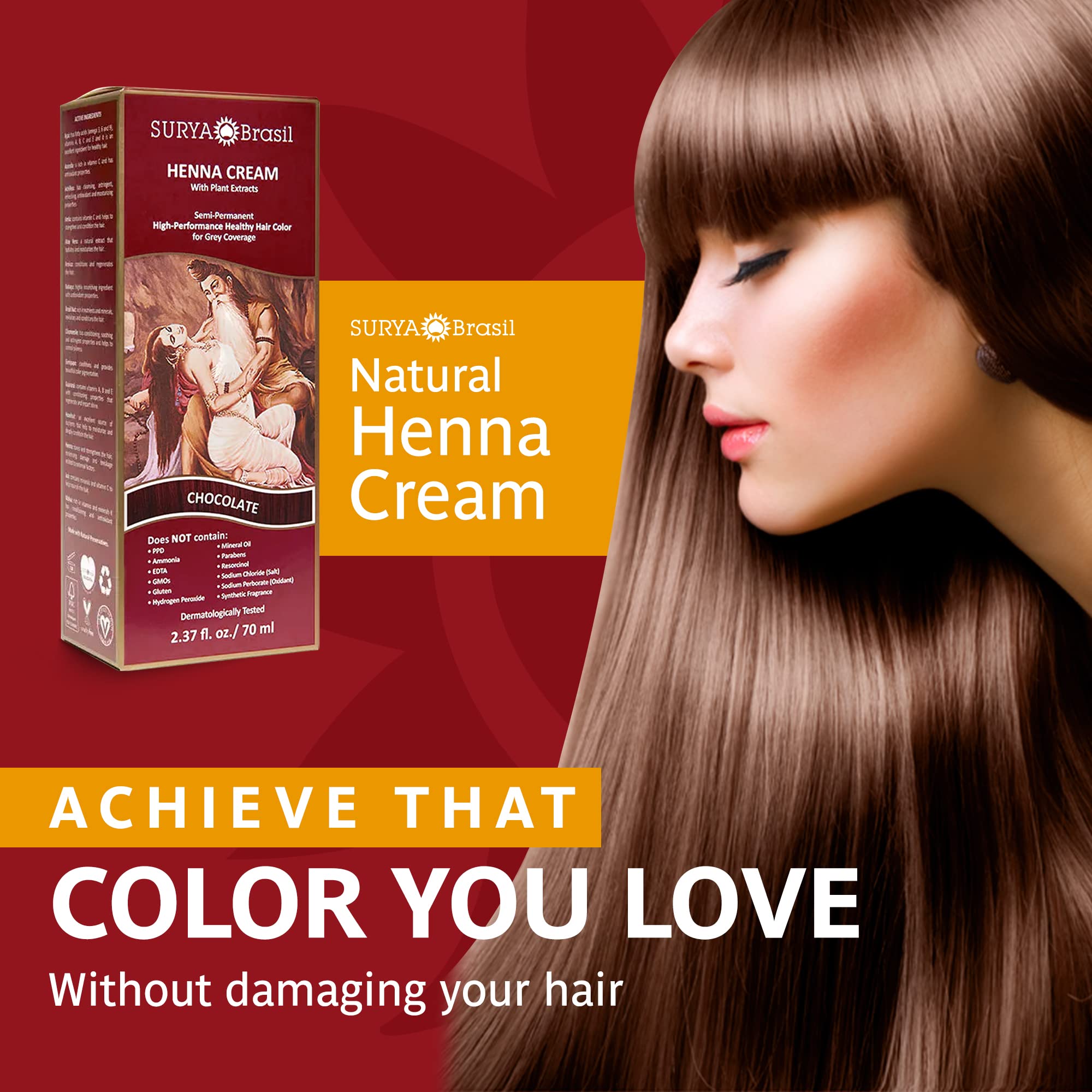 Surya Brasil Henna Cream Chocolate application image highlights easy, mess-free mixing for home coloring.