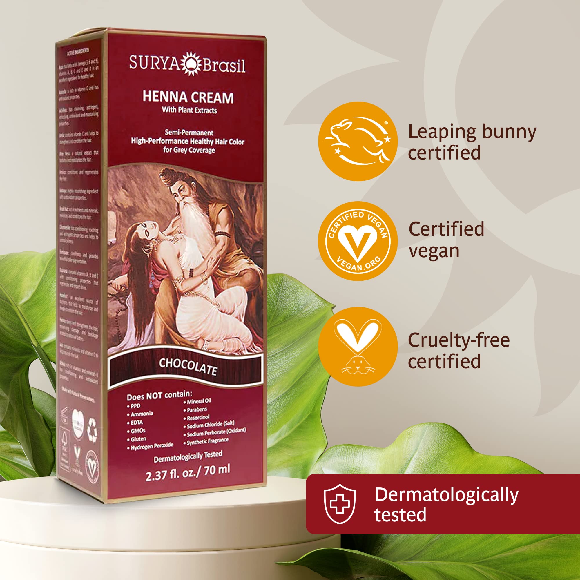 Surya Brasil Henna Cream Chocolate color result on strands with rich, natural shine.