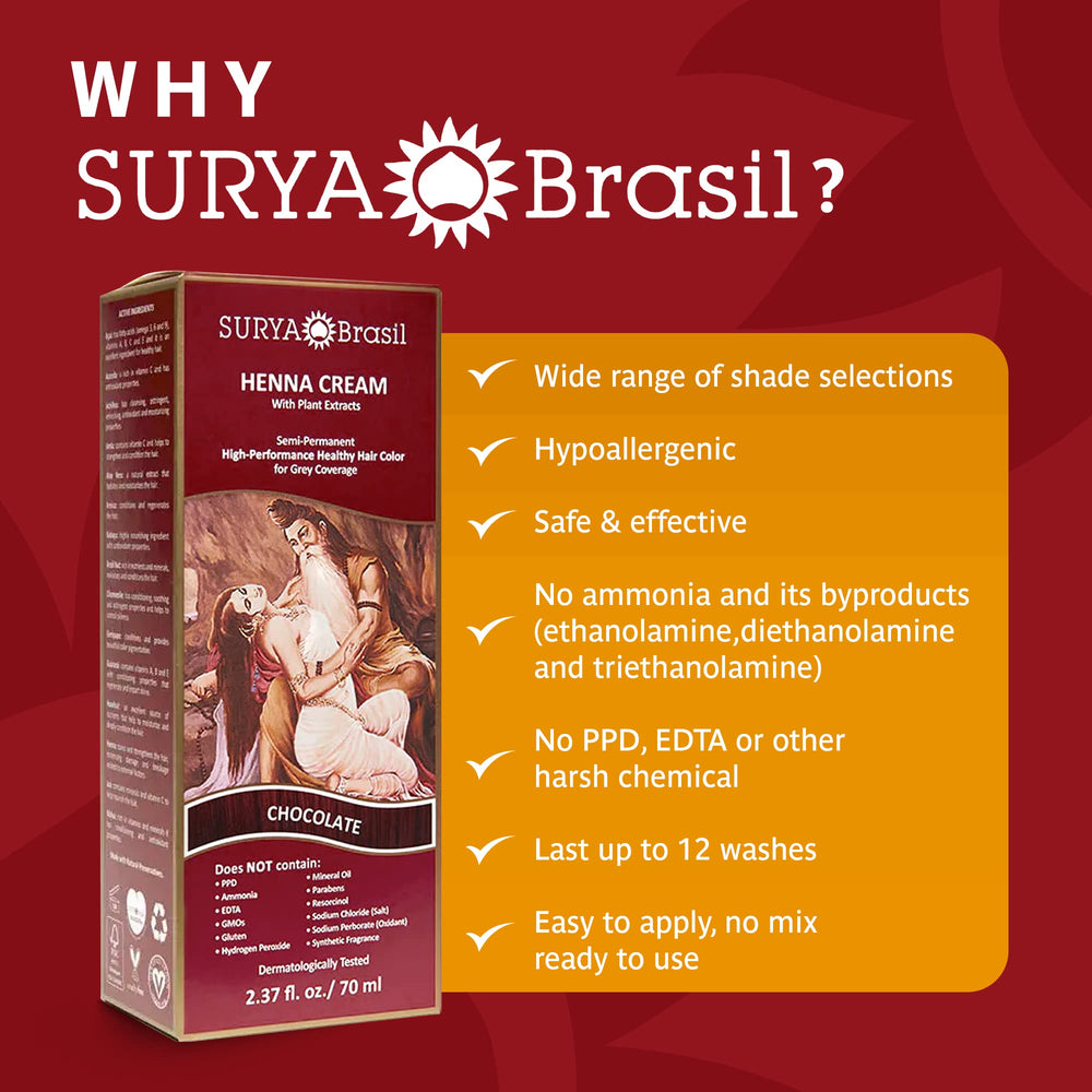 Surya Brasil Henna Cream Chocolate squeeze bottle shown with gloves for safe hair coloring.