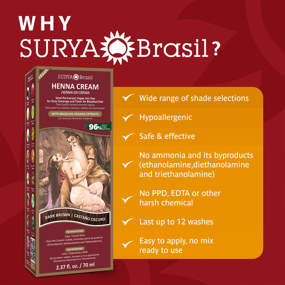 Surya Brasil Henna Dark Brown Cream packaging highlights clean ingredients and easy at-home use.