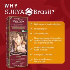 Surya Brasil Henna Dark Brown Cream packaging highlights clean ingredients and easy at-home use.
