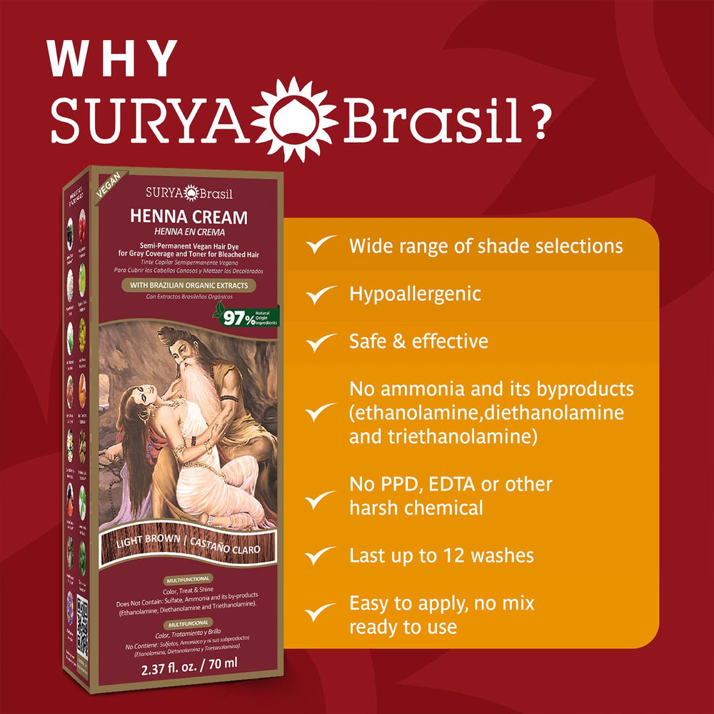 Surya Brasil light brown henna cream packaging highlights vegan formula and cruelty-free certification