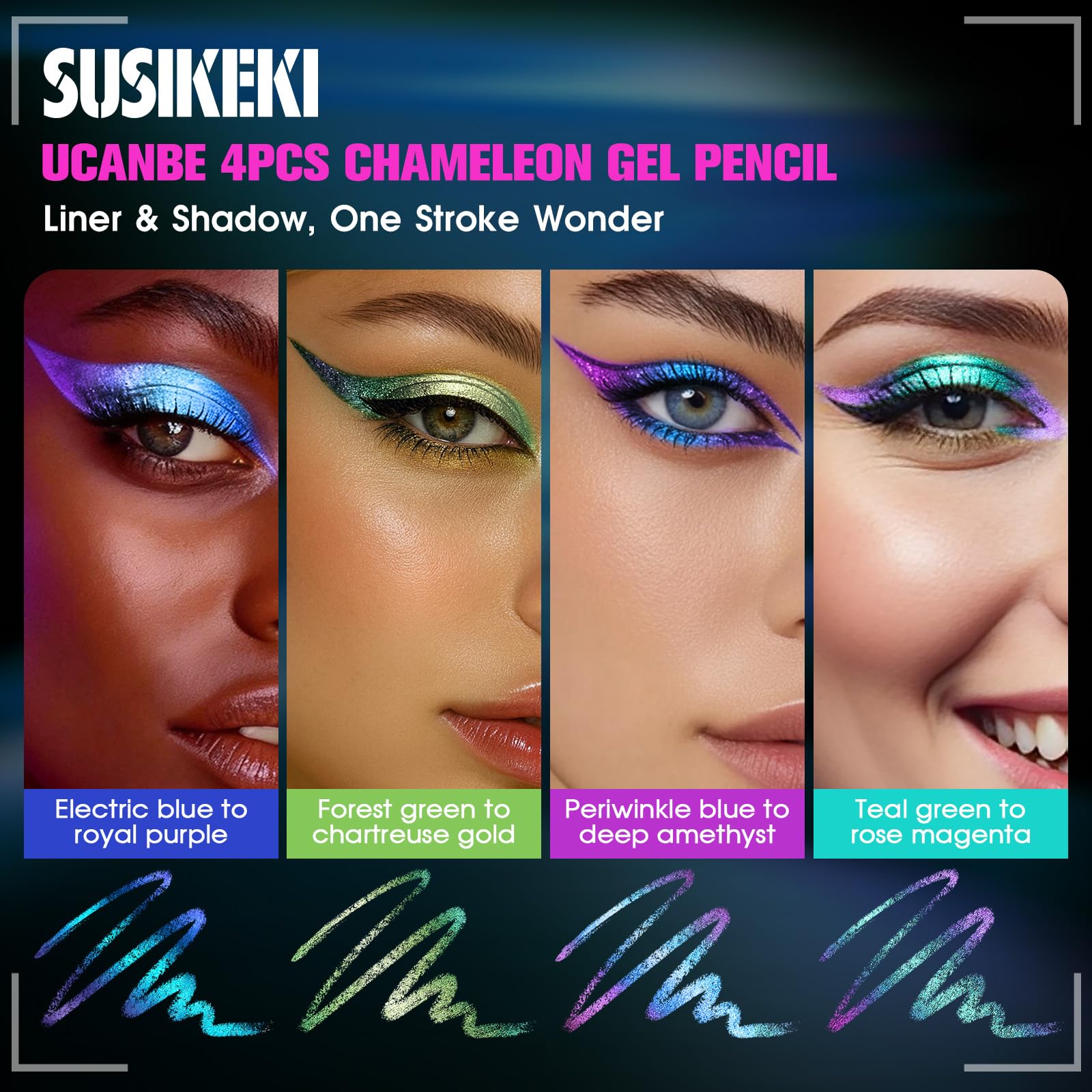SUSIKEKI chameleon eyeliner pencil demonstrates duochrome effect along lash line