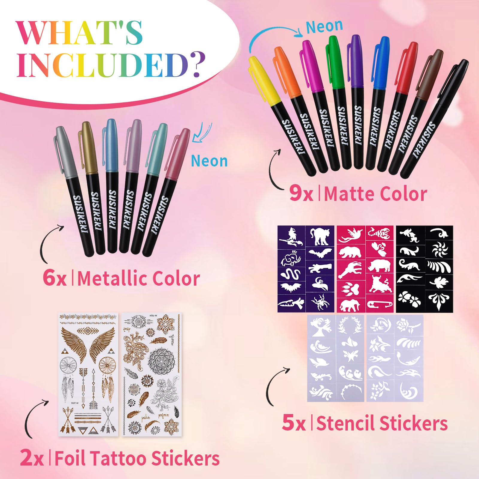 SUSIKEQI tattoo markers UV-glow inks for reactive night-time accents
