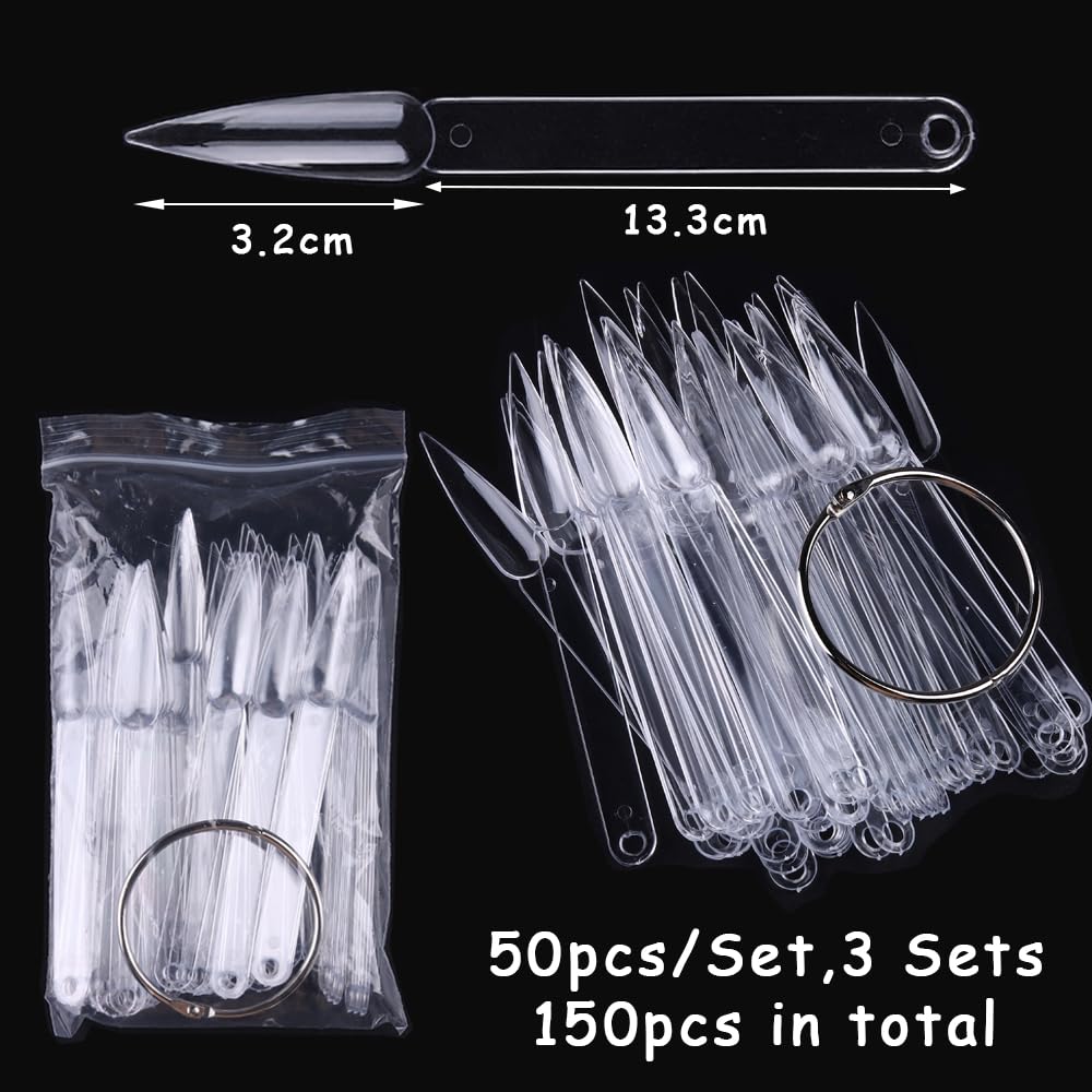 SUTOKAKA clear pointed nail swatch tips show transparent polish colors for easy matching.
