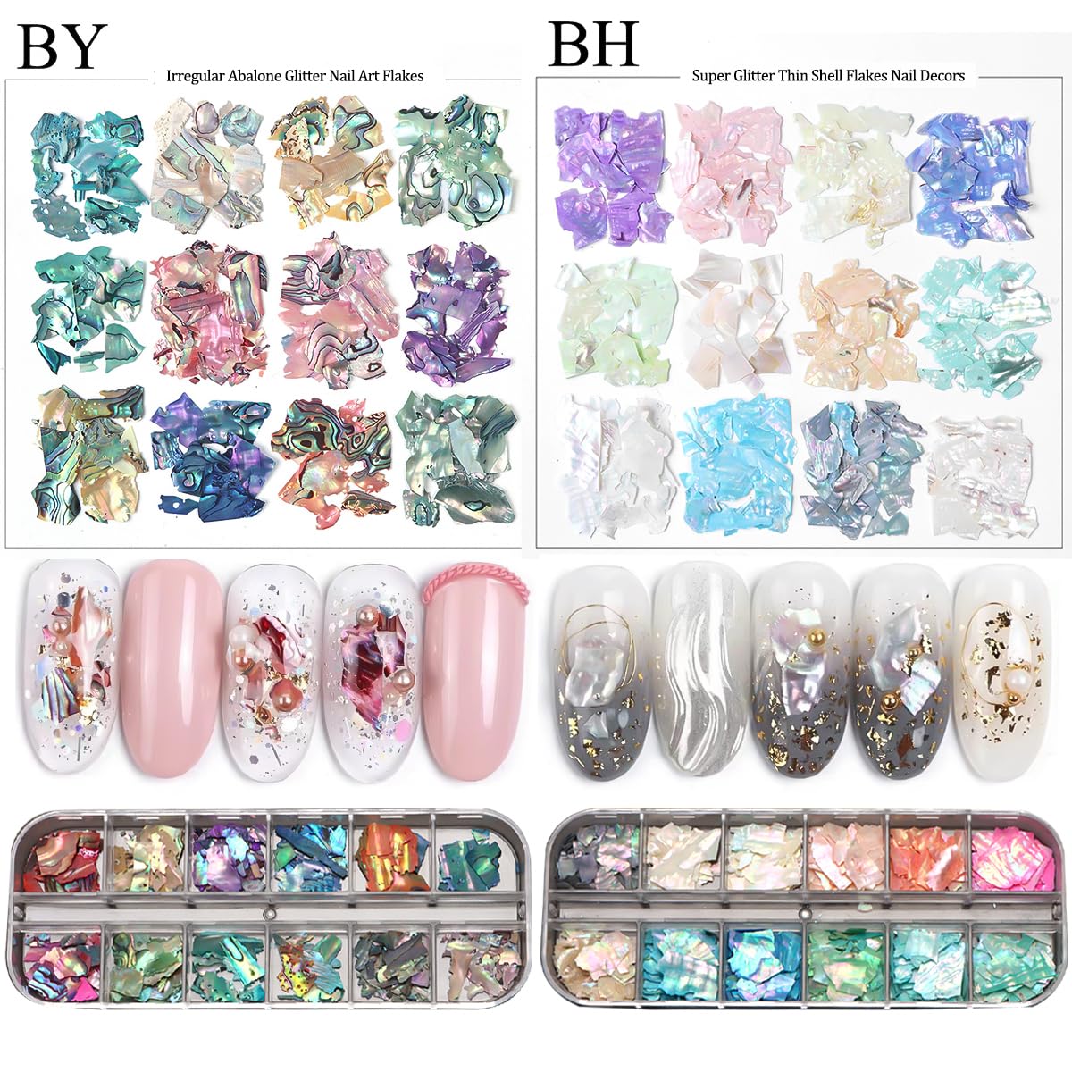 SUTOZMIWE Aurora Shell Glitter Flakes holographic-reflections shimmer under lighting for dynamic nail art.