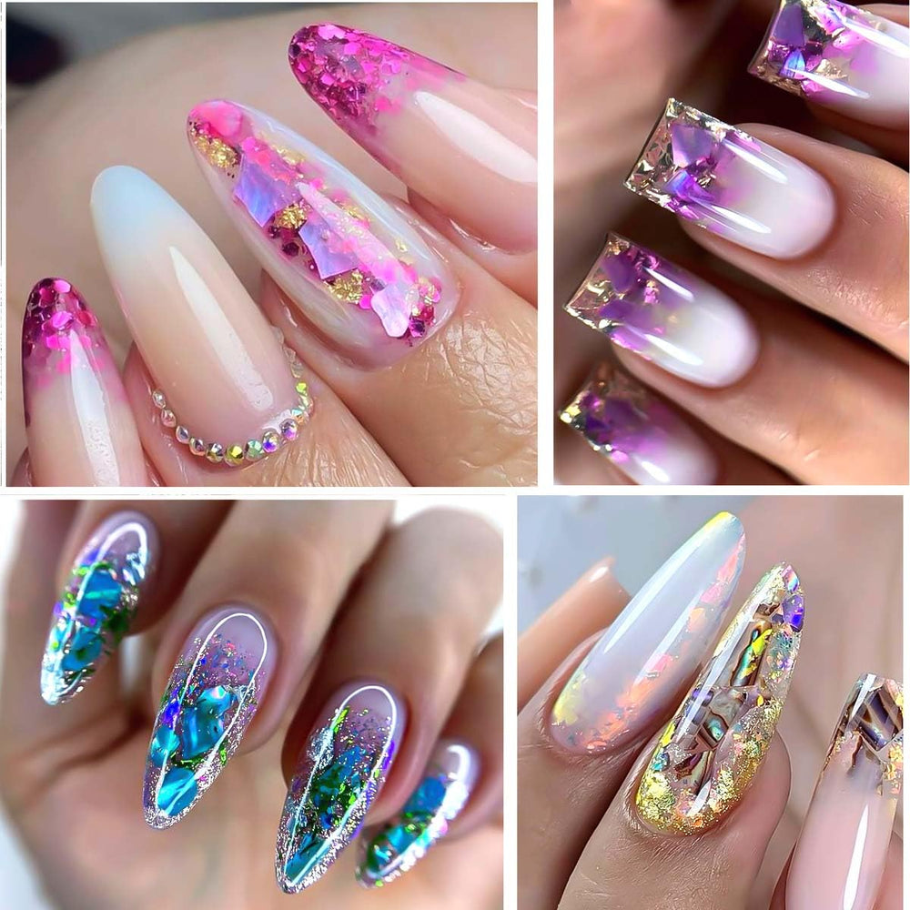 SUTOZMIWE Aurora Shell Glitter Flakes on-artificial-nail add depth with shimmer and texture.