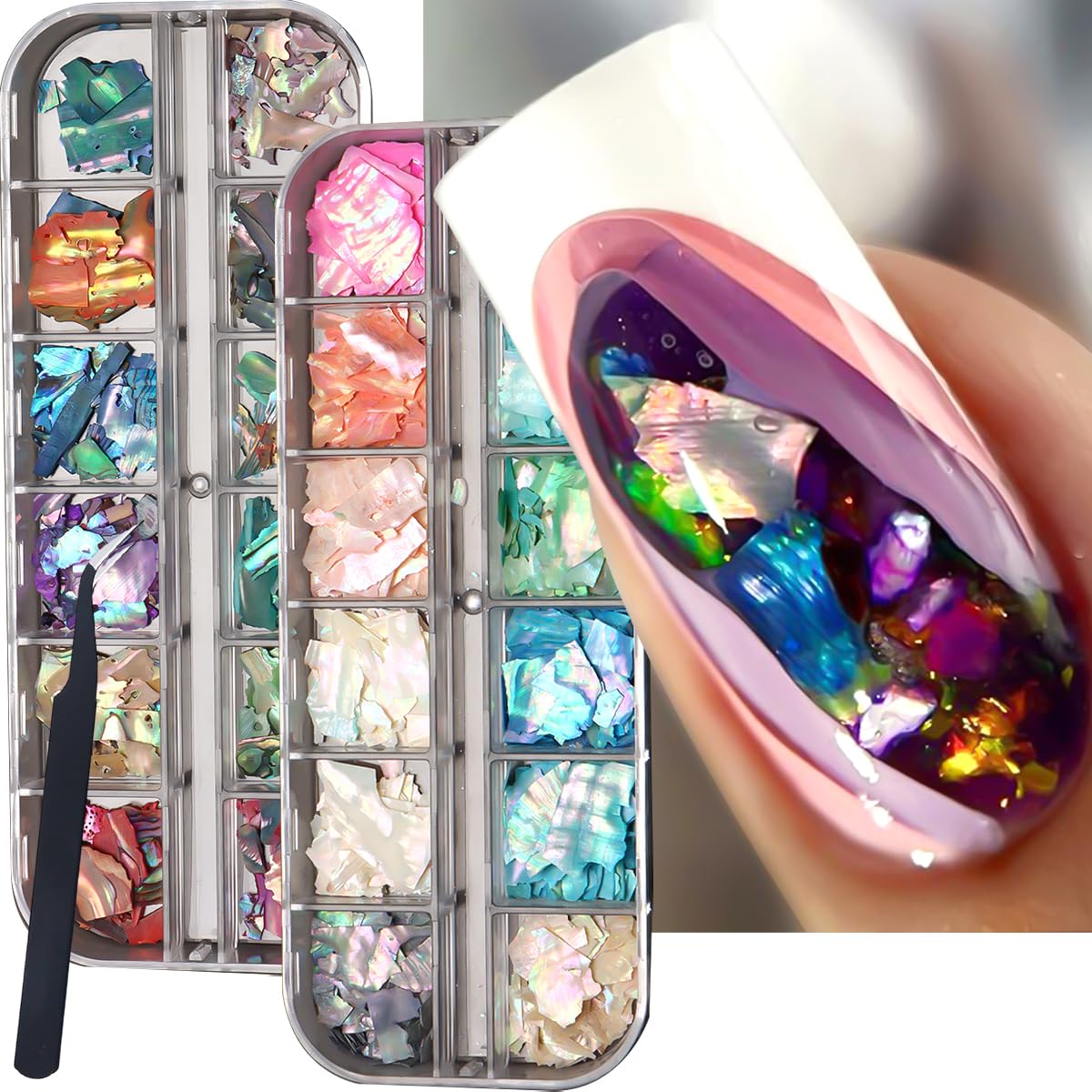 SUTOZMIWE Aurora Shell Glitter Flakes packaging shows organized grids for quick nail art selection.