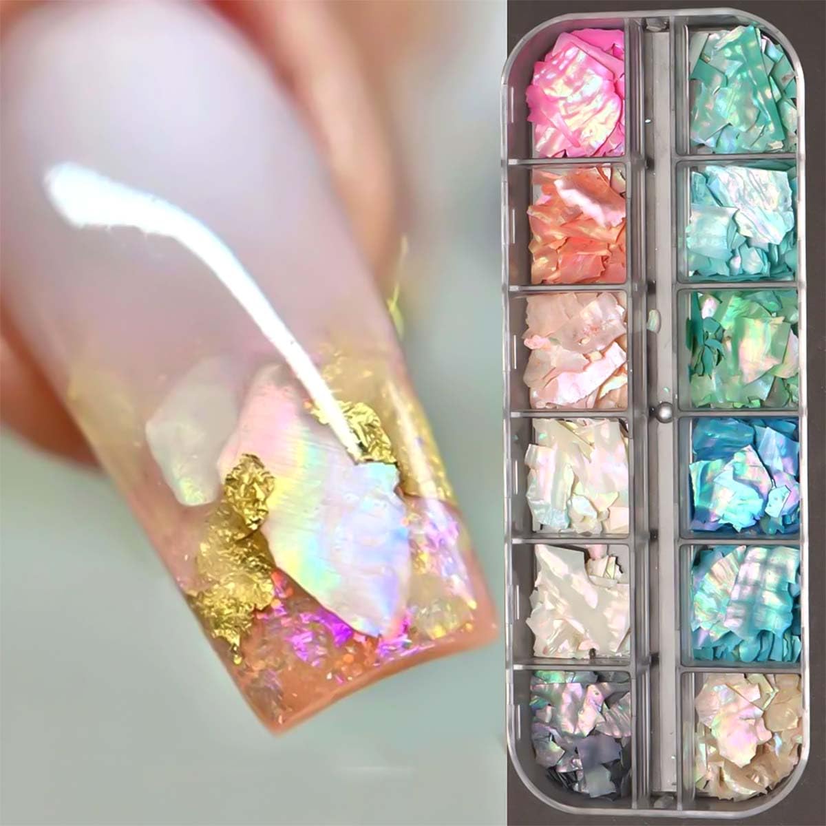 SUTOZMIWE Aurora Shell Glitter Flakes various-colors offer versatile color-mixing for unique designs.