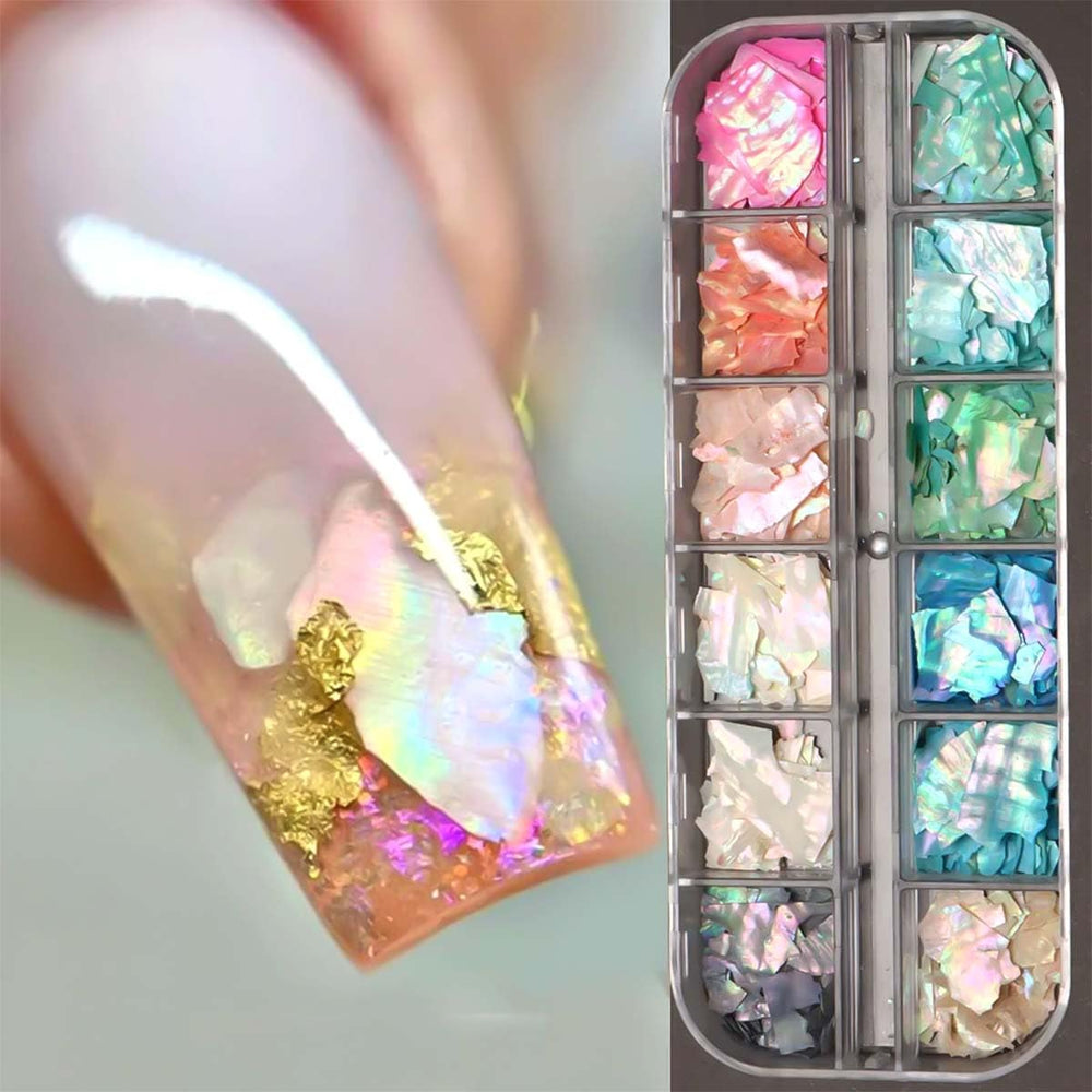 SUTOZMIWE Aurora Shell Glitter Flakes various-colors offer versatile color-mixing for unique designs.