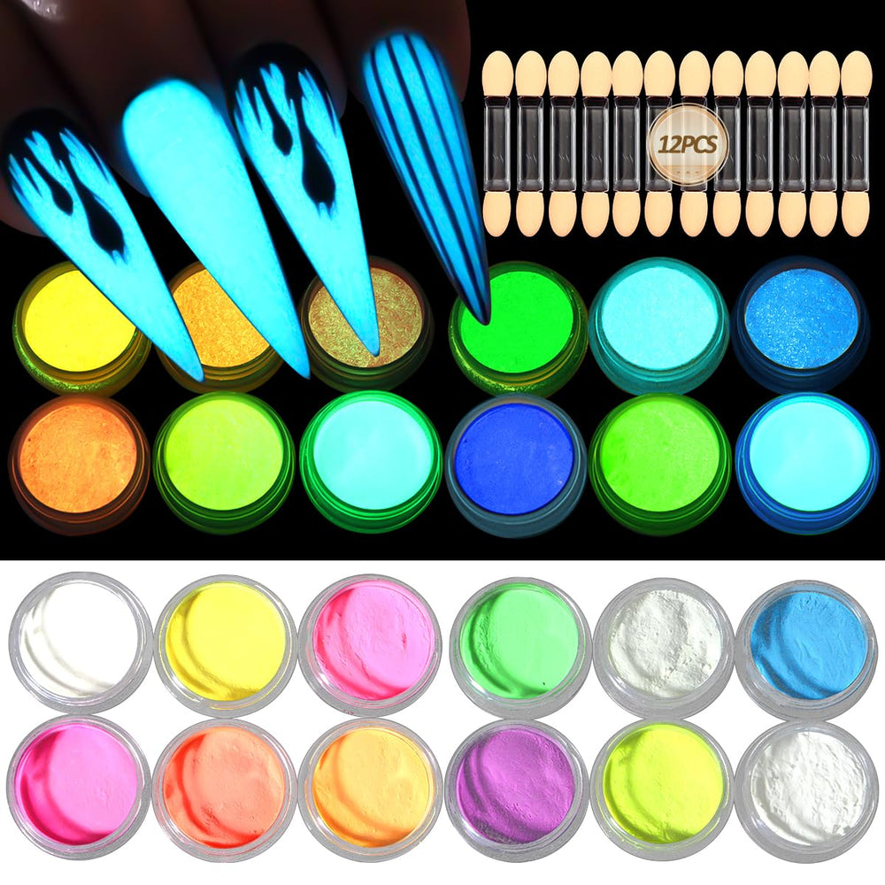 SUTOZMIWE glow powder 12 jars packaging shows vibrant nail-art colors.