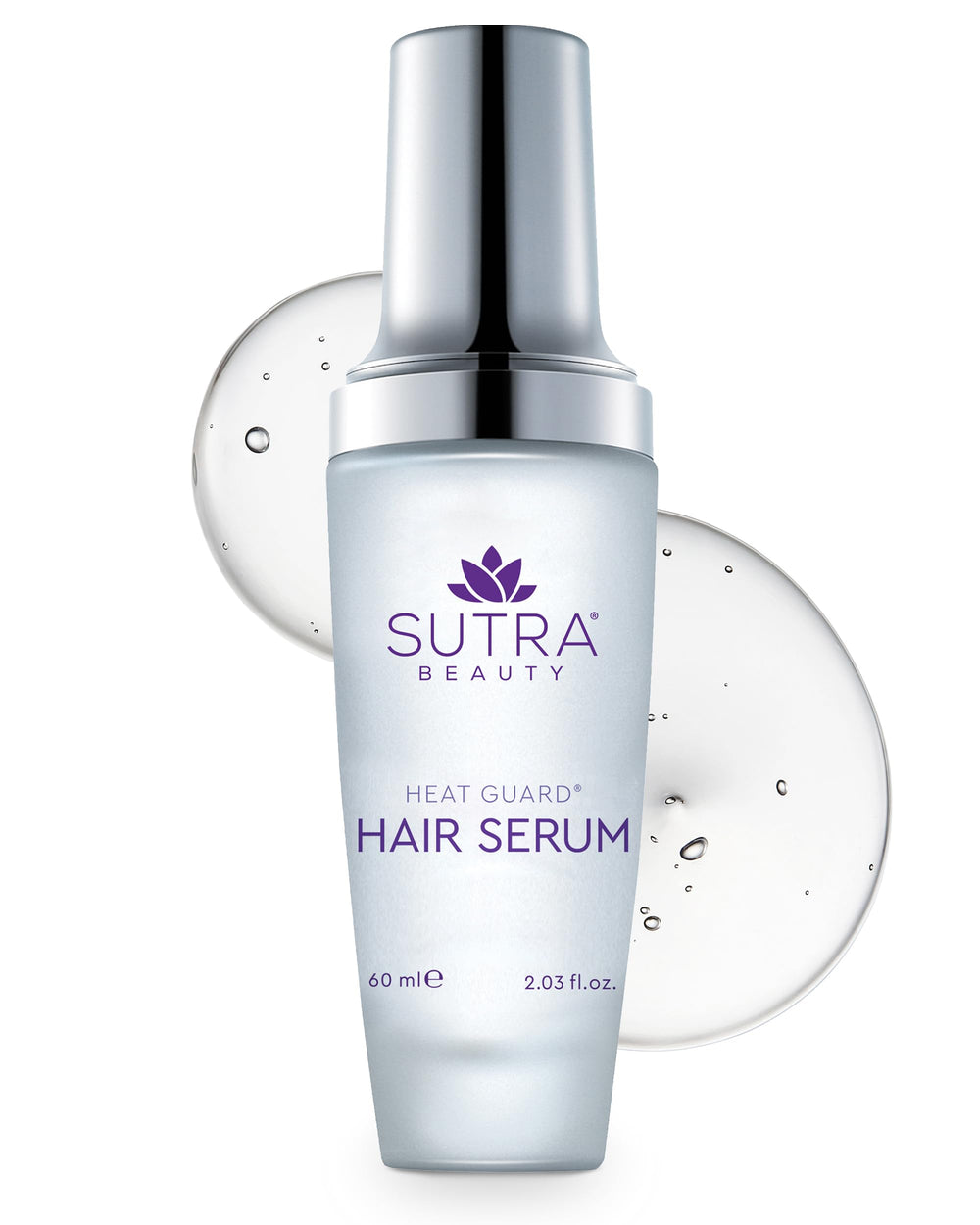 SUTRA Heat Guard Hair Serum bottle demonstrates heat protection during styling