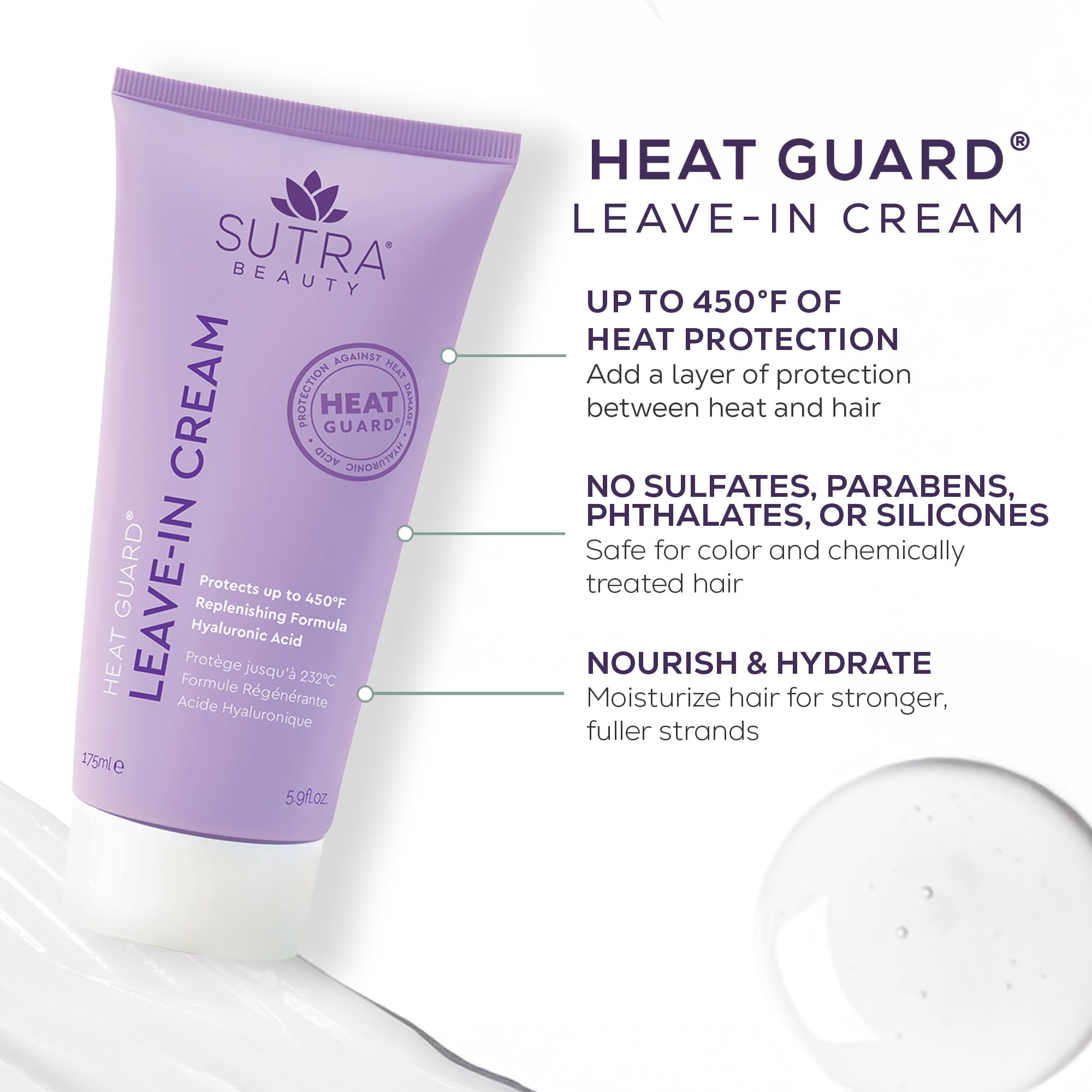 SUTRA Heat Guard Leave-In Cream close-up demonstrates silky, healthy-looking hair after use