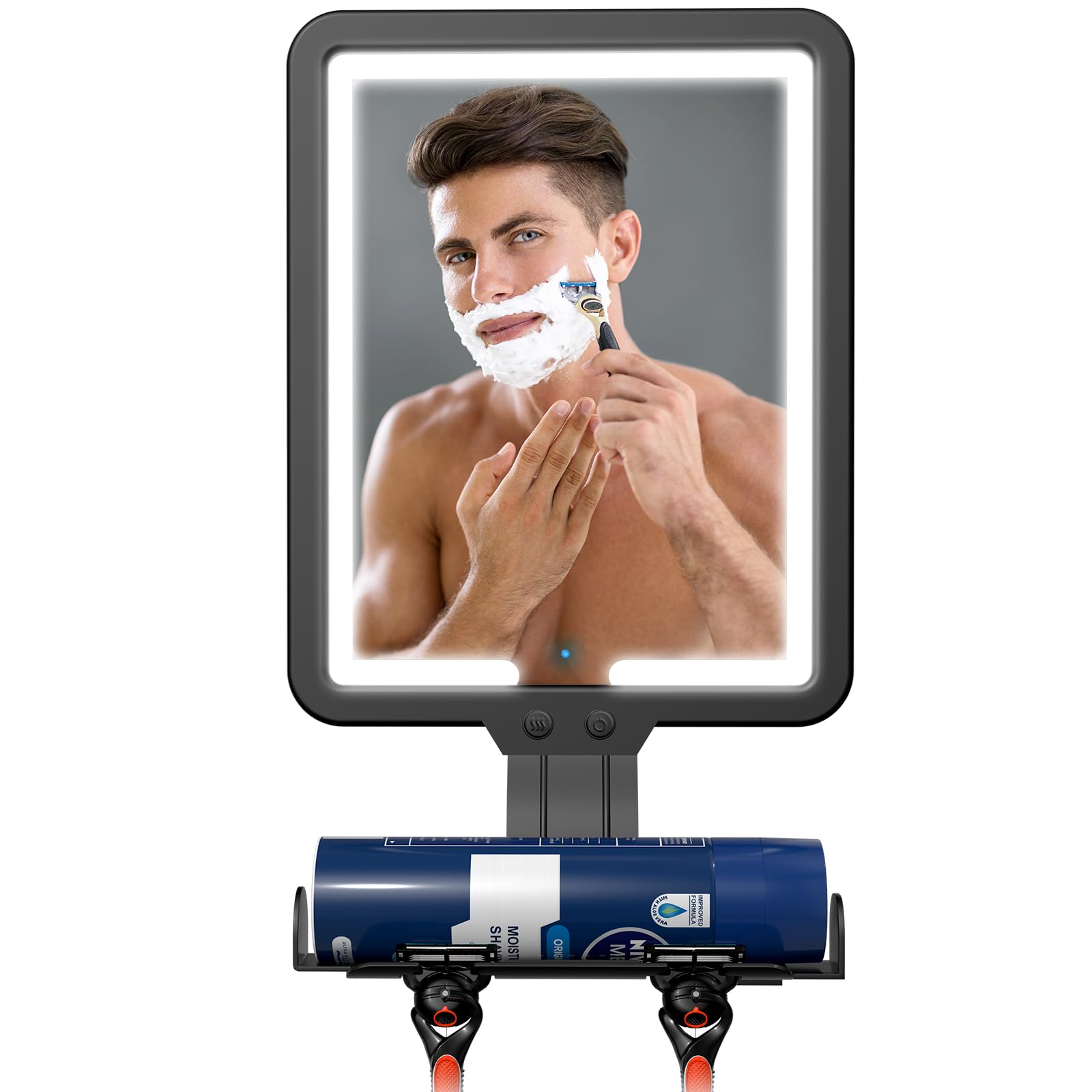 Suupvaor lighted shower mirror with heat tech for fog-free shaving on demand.