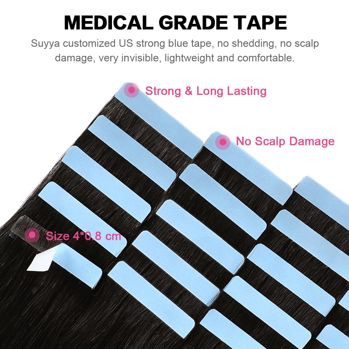 SUYYA blue tape detail shows reusable adhesive for easy replacement.