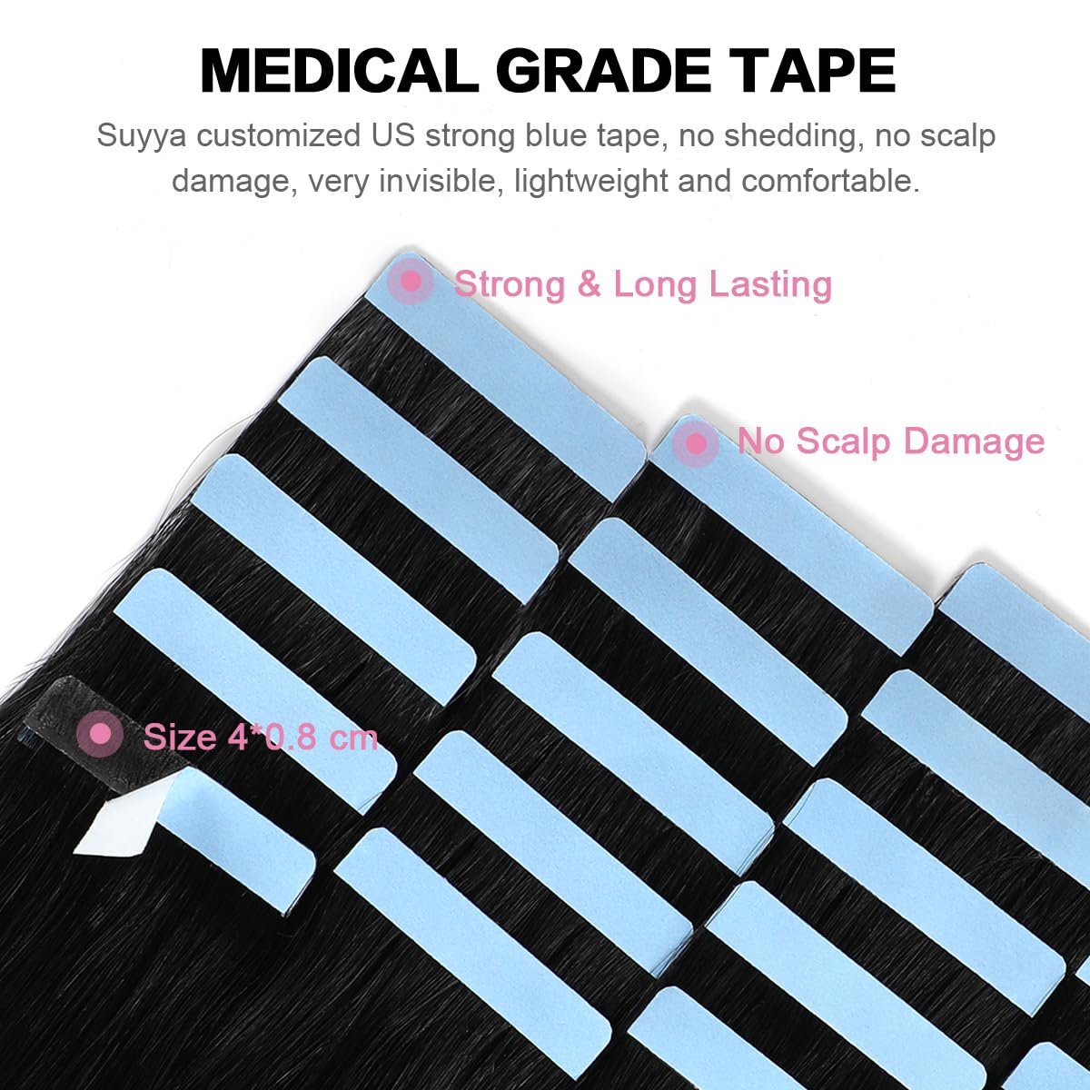 SUYYA tape-in hair extensions Jet Black 20-inch length for added volume.