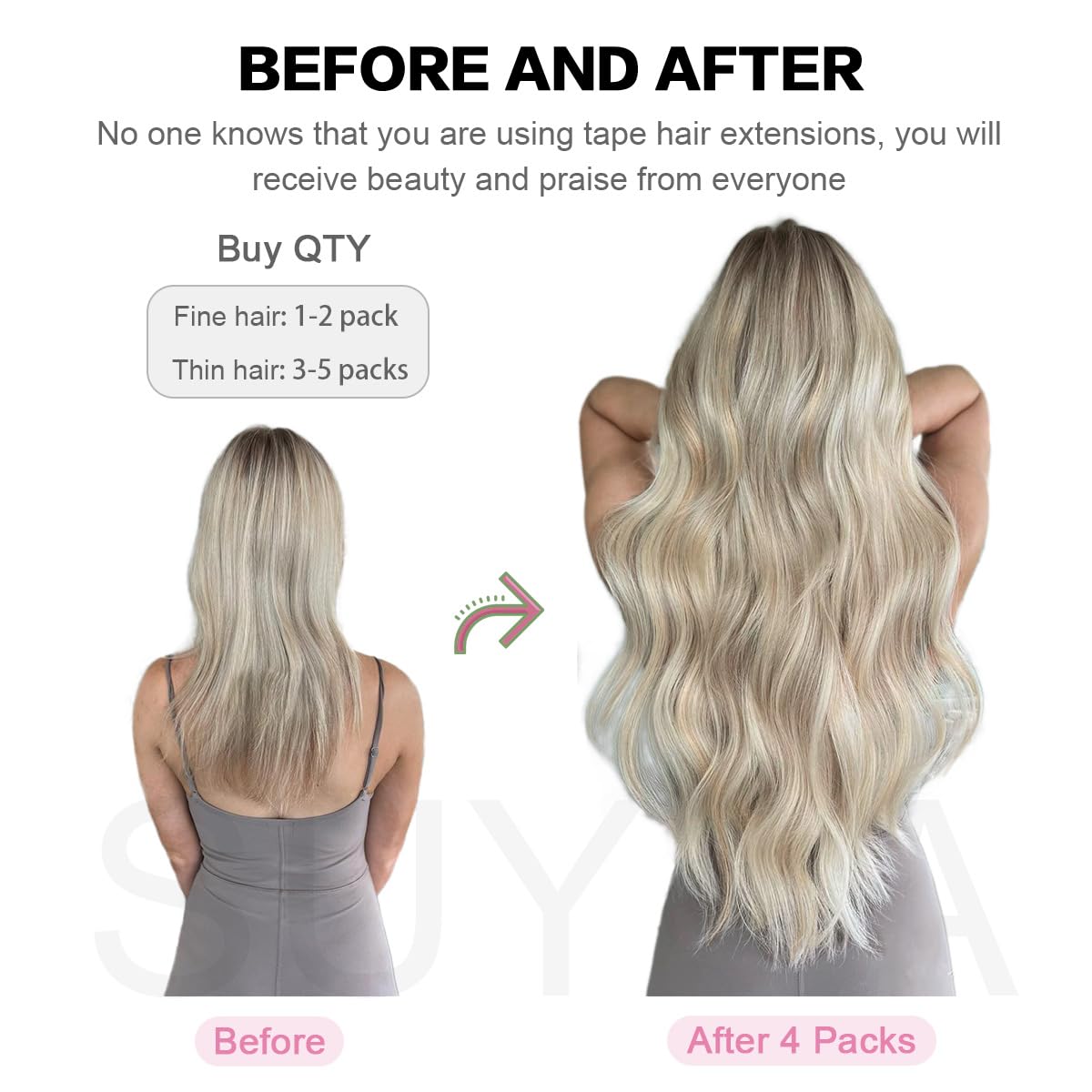 SUYYA tape-in hair extensions Jet Black contents include 20 pieces for fullness.