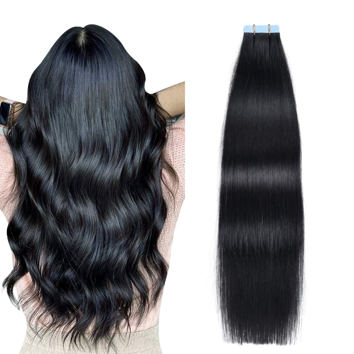 SUYYA tape-in hair extensions Jet Black front view pack for instant length and seamless blend.