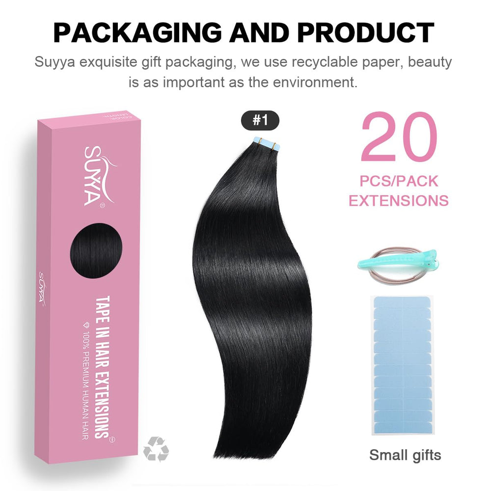 SUYYA tape-in hair extensions Jet Black seamless weft detail shows natural texture.
