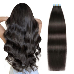 SUYYA tape-in extensions natural black with seamless skin weft for natural look.