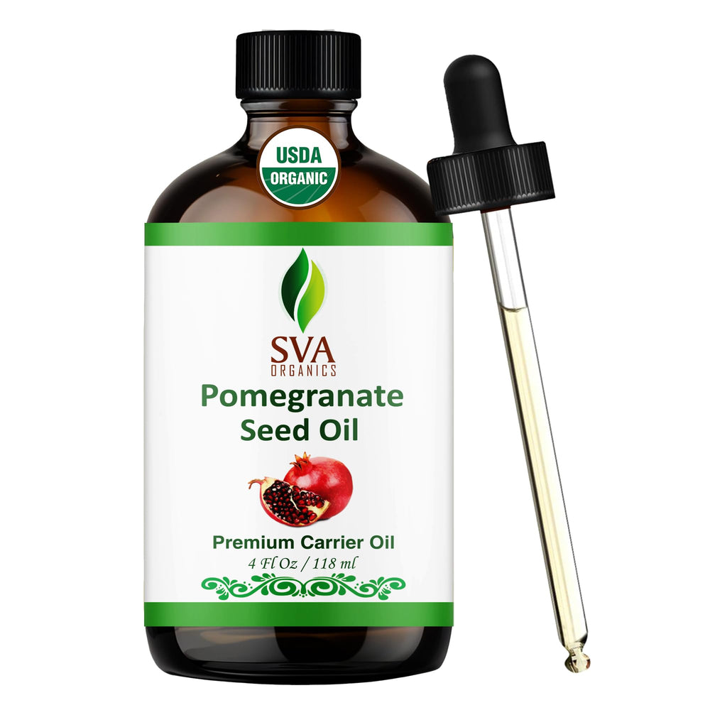SVA Organics Pomegranate Seed Oil 4oz bottle with dropper for skincare use.