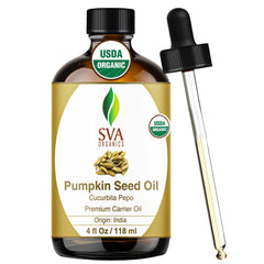 SVA Organics pumpkin seed oil bottle nourishes skin and scalp.