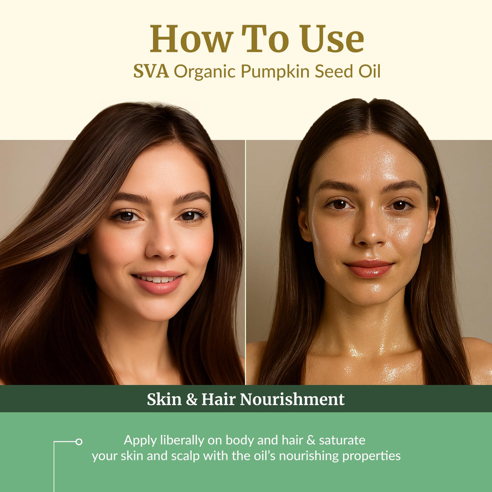 SVA Organics pumpkin seed oil used with shampoo boosts hair vitality.
