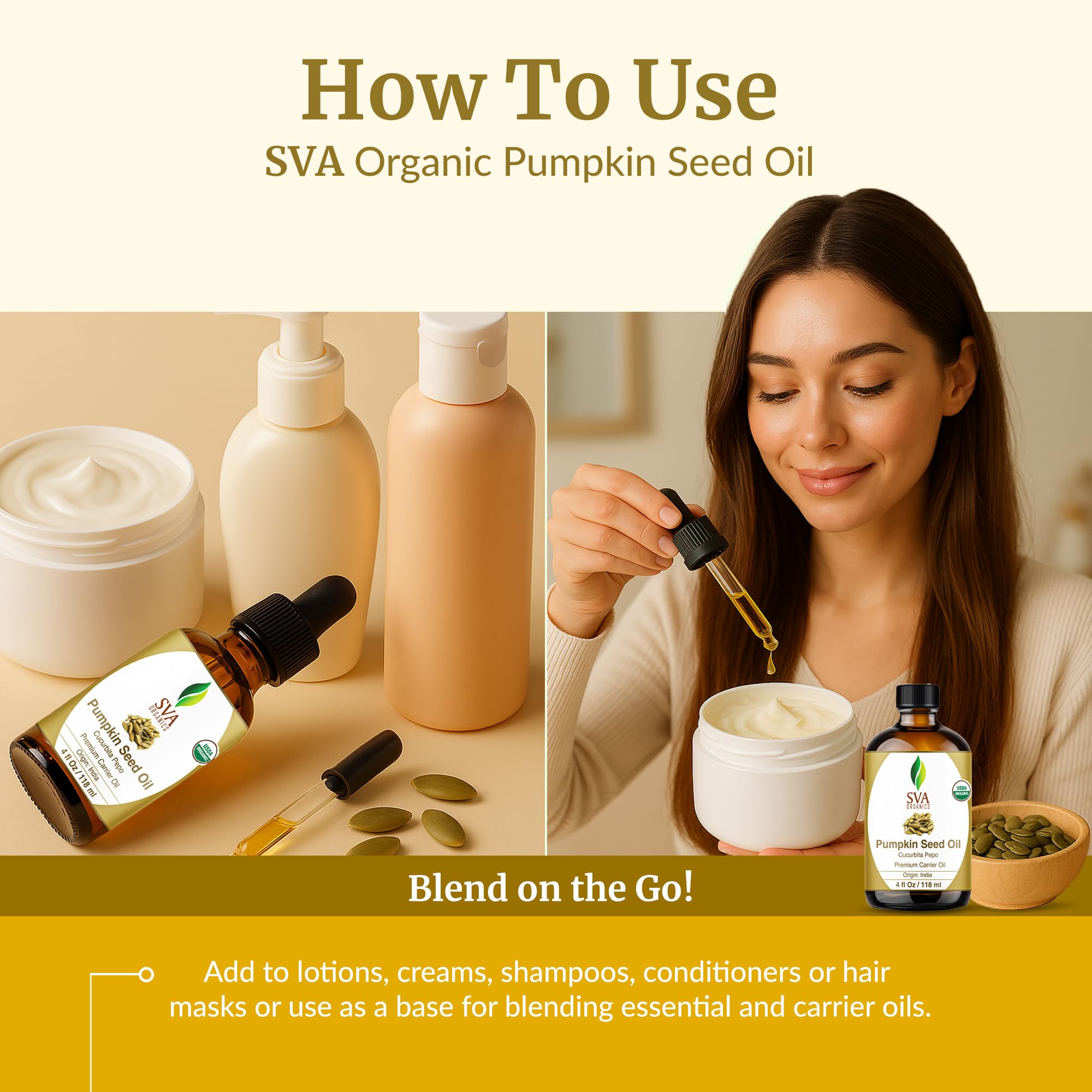 SVA Organics pumpkin seed oil acts as nightly serum after washing hair.