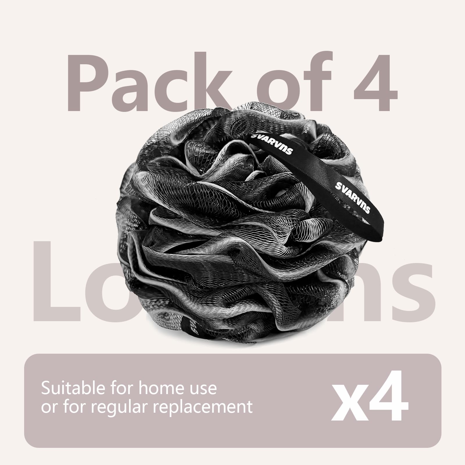 Svarvns loofah sponge four-pack shows convenient family hygiene replacements.