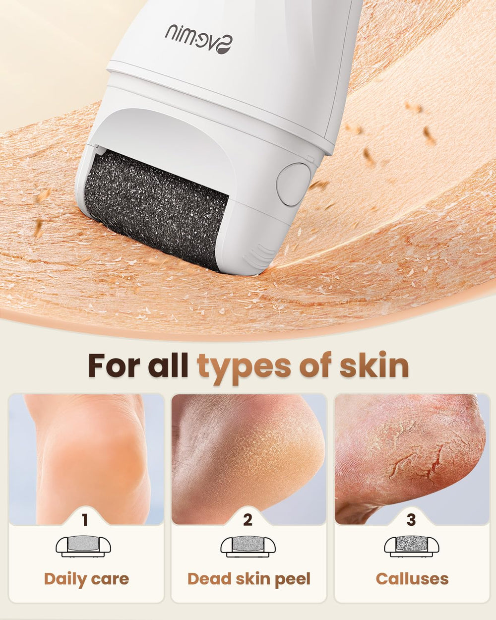 SVEMIN callus remover roller setup shows three quartz rollers for versatile exfoliation.