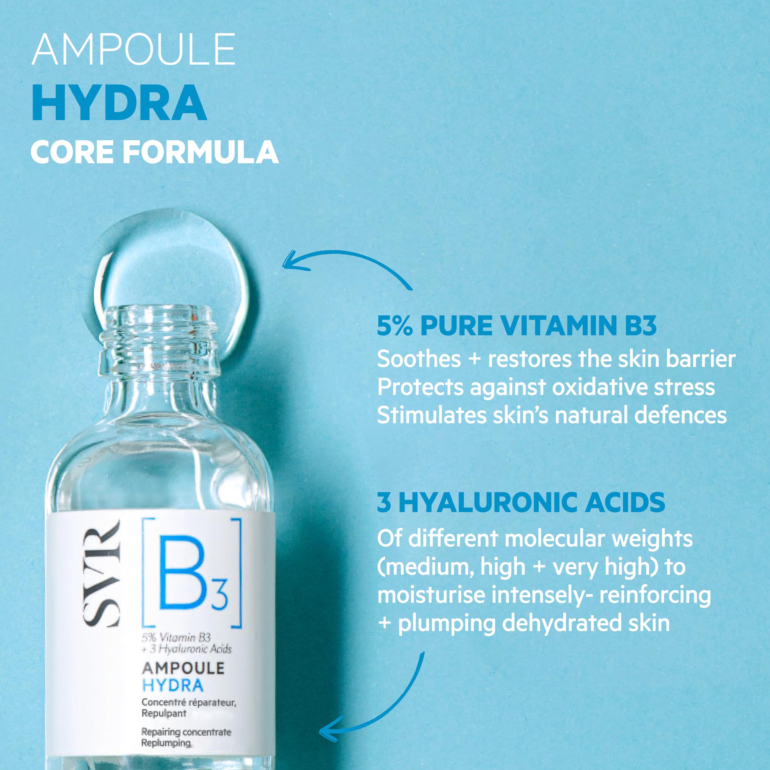 SVR B3 concentrate bare skin application hints at daily plumping and comfort.