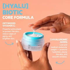 SVR HYALU Biotic hyaluronic acid graphics emphasize dual weight hydration.