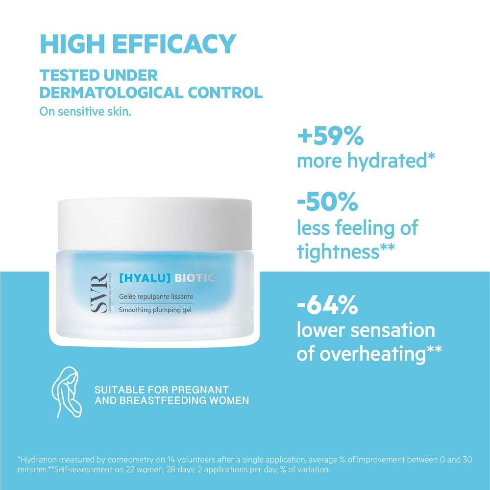 SVR HYALU Biotic probiotics skin layer suggests microbiota support for comfort.