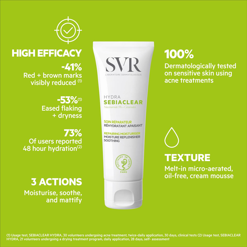 SVR Sebiaclear close-up skin shows calm, clarified appearance during treatment.
