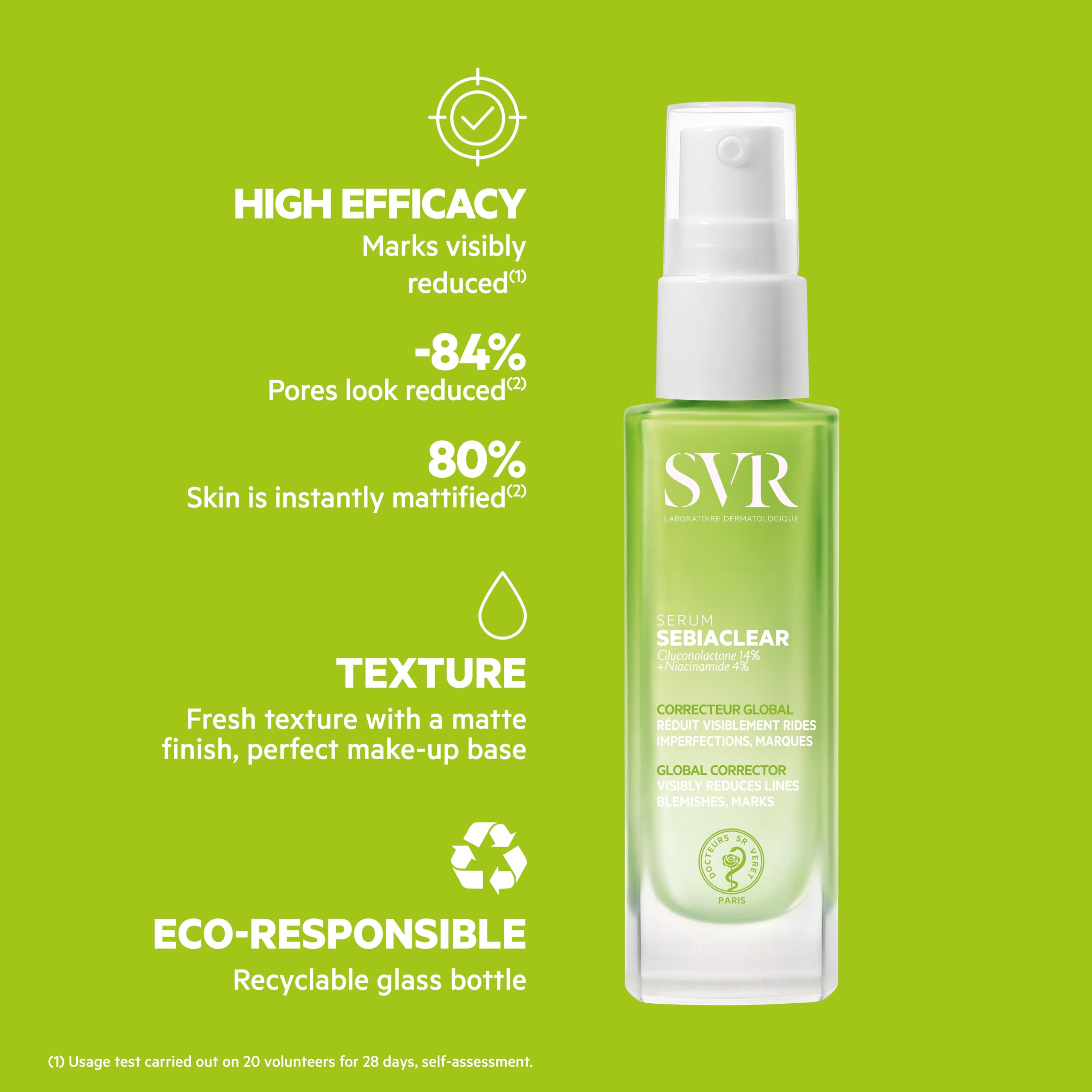 SVR Sebiaclear serum closeup on blemish area highlights pore-tightening benefits.