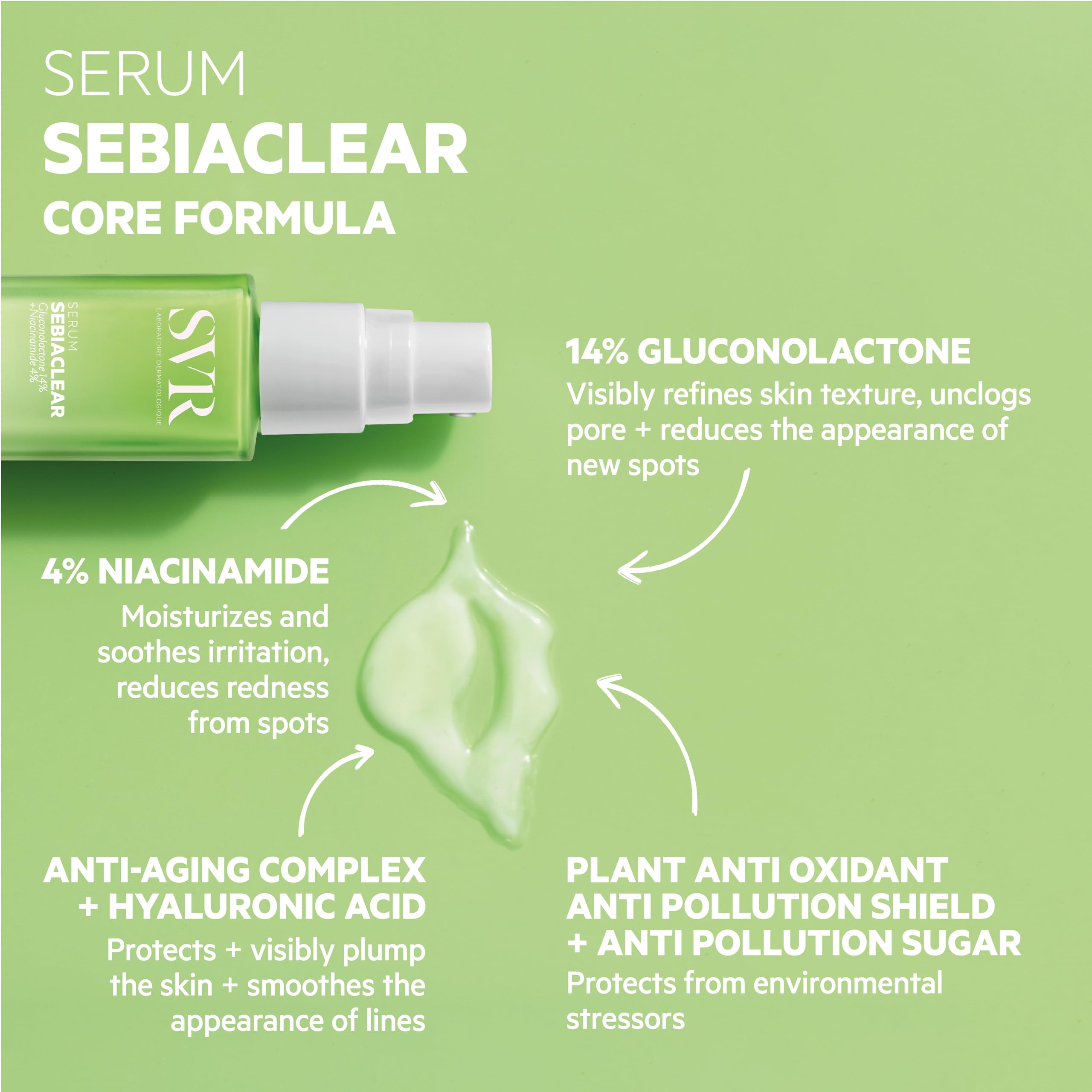 SVR Sebiaclear serum matte finish on skin promotes shine-free base makeup.