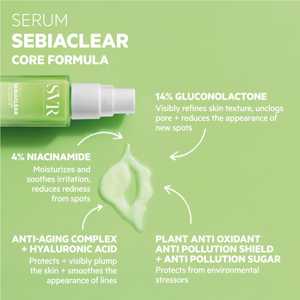SVR Sebiaclear serum matte finish on skin promotes shine-free base makeup.
