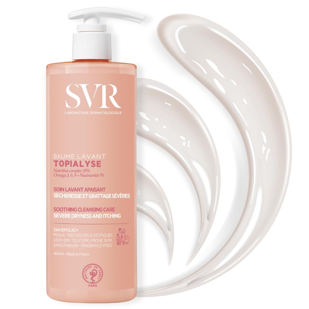 SVR Topialyse cleansing balm bottle close-up for gentle hydration and barrier support.