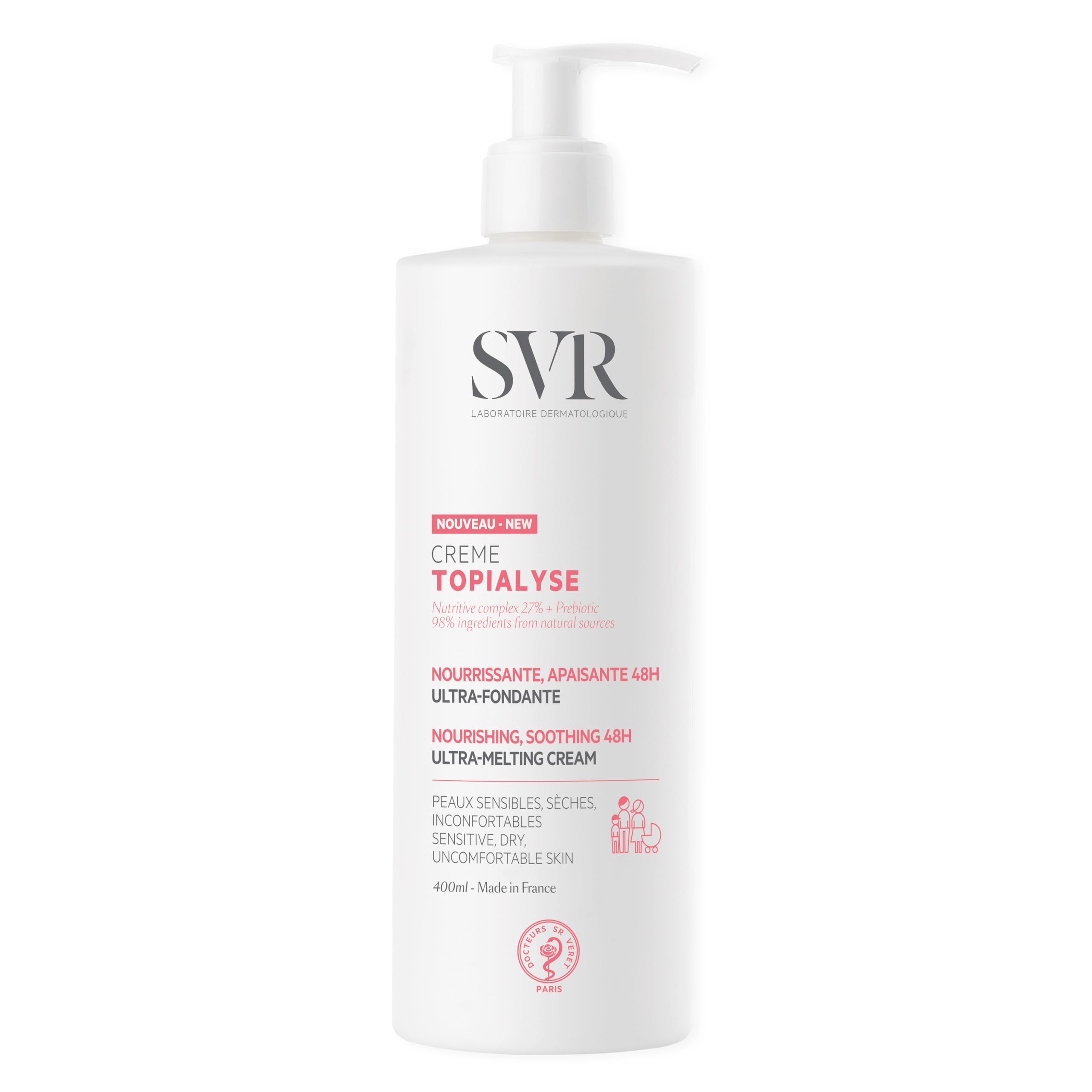 SVR Topialyse Cream bottle highlights rich shea-based hydration for dry, sensitive skin.