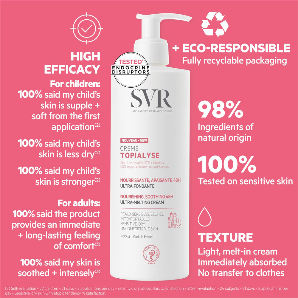 SVR Topialyse Cream jar with ingredients highlights a natural-origin formula for gentle daily moisturization.