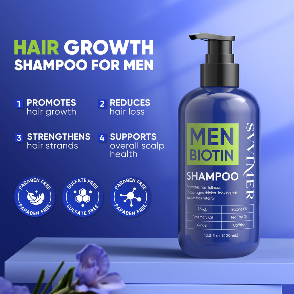 Svvimer Hair Growth Shampoo bottle back highlights nourishing ingredients for scalp care.