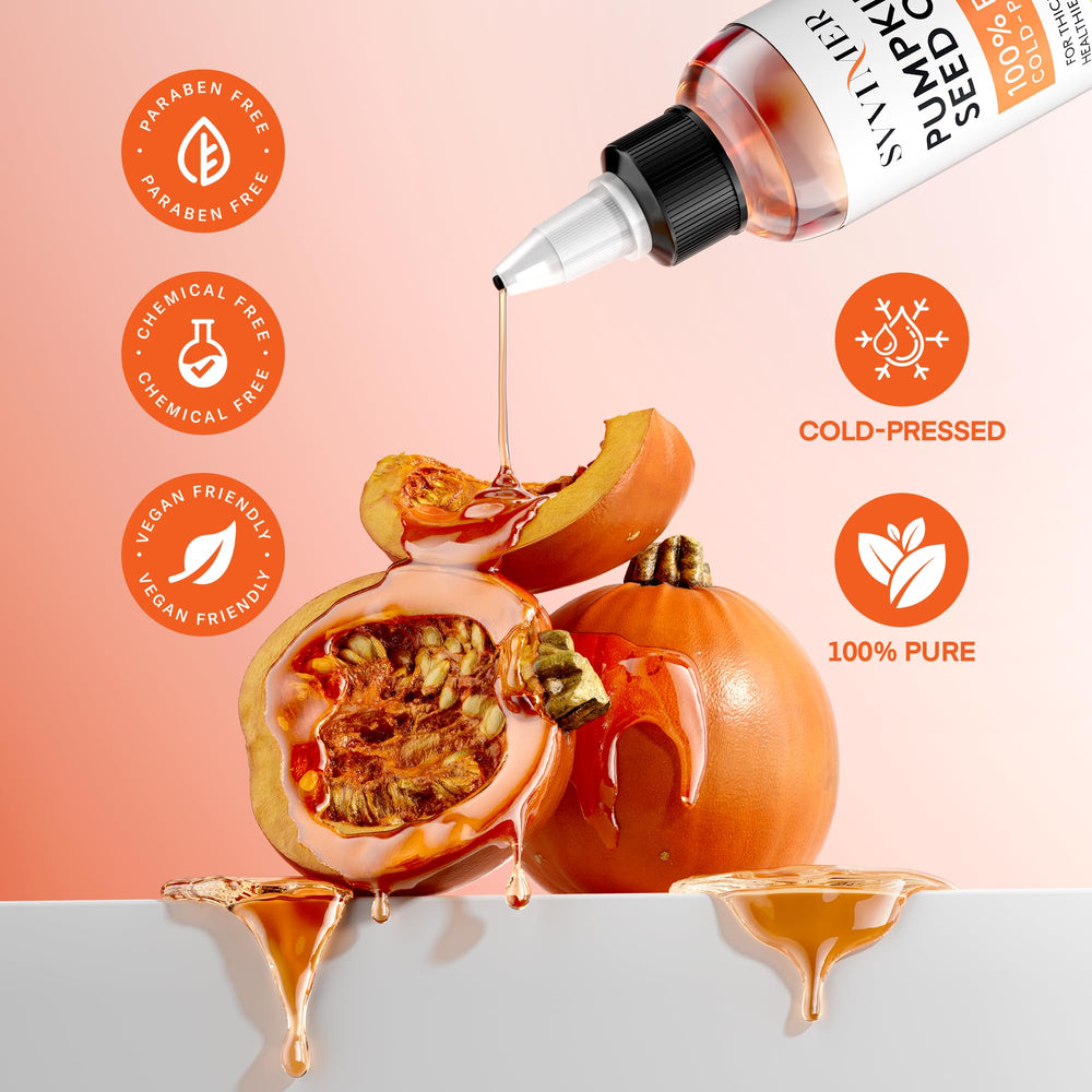 Svvimer Pumpkin Seed Oil used on dry hair for repair and frizz control.