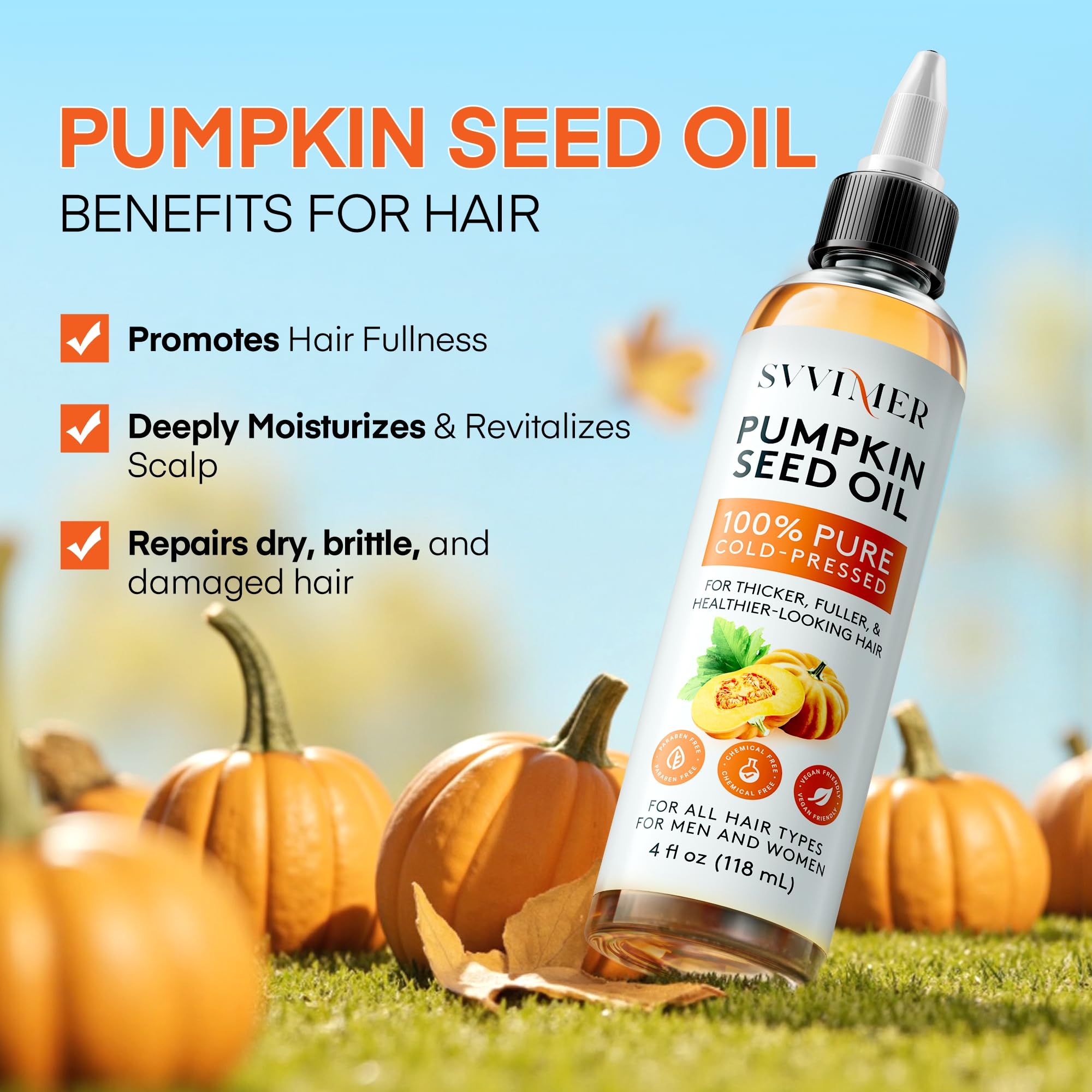 Svvimer Pumpkin Seed Oil label showing pure, organic formula for hair growth.