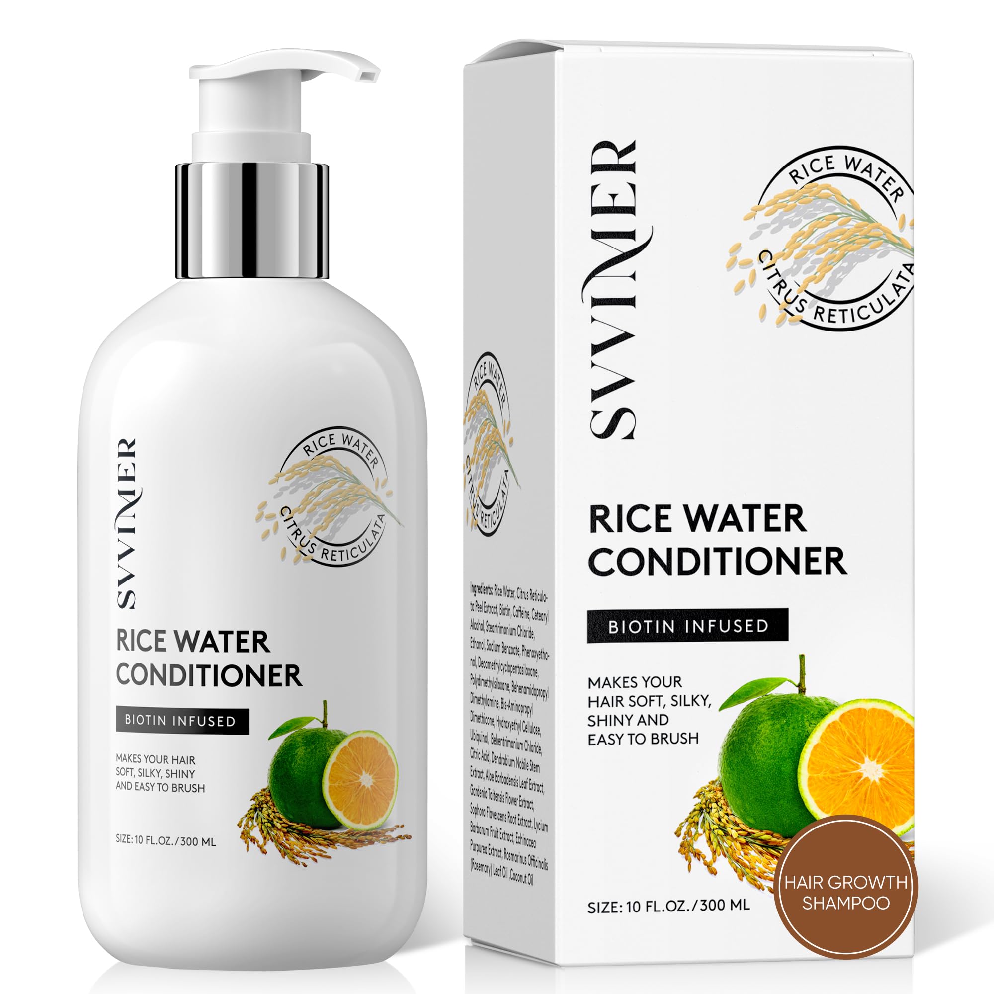 Svvimer Rice Water Conditioner bottle highlights stronger-looking hair.